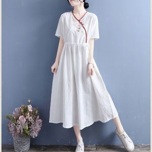 NUANKONG | Summer New Design Cotton Linen Cross Collar Embroidery Cheongsam Dress