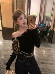 Black Asymmetrical One-Shoulder Leopard Print T-Shirt Womens Slim Fit Long Sleeve Trendy Top for Autumn And Winter