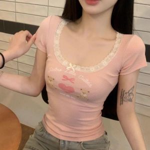 Áo Thun Nữ Tay Ngắn Cổ Vuông Pure Desire Lace Trim Butterfly Knot Slim Fit Hot Bé Gái Style Summer Breathable Short Sleeve T-Shirt