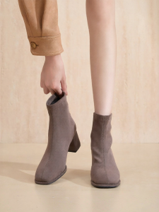 Josiny | Faux Suede Heeled Short Boots with Fur Lining French Style Chunky Heel Square Toe Boots