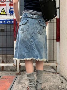 American Retro Washed Blue Denim Short Skirt High Waist Loose Multi- Purpose Mini Skid Resistant Button Style Casual Wear Jeans