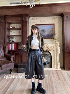 Cafe Au Lait PU Leather Wide Leg Pants High Waist Straight Cut Casual Trousers for Women Autumn 2025 Trendy Bootcut Pants