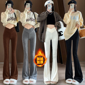Slimming High Waist Flared Pants Fleece Lined Thickened Versatile Classic Velvet Long Trousers for Women Autumn Winter Fashion