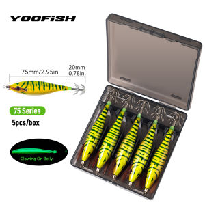 YOOFISH 5pcs Luminous Squid Jig Wood Shrimp Squid Hook 65/75mm Fishing Lures Octopus Cuttlefish Shrimp Saltwater EGI Baits
