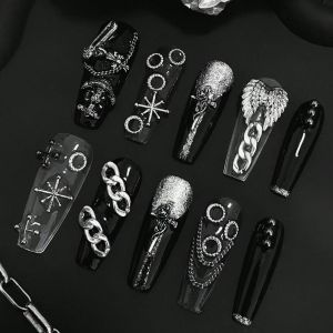 เล็บปลอมรูปโลงศพแฮนด์เมดบริสุทธิ์ 10 ชิ้น เล็บปลอมสวยงาม เล็บปีกสีเงินเข้ม เหมาะสำหรับผู้หญิงที่ใช้