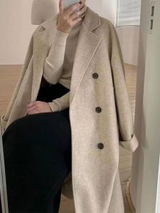 Womens Mid-Length Woolen Coat Loose Fit Thickened Stylish Hepburn Style Outerwear Korean Version Straight Tube Shape