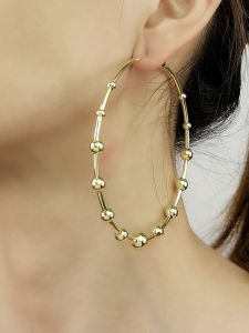 Fashionable Punk Large Copper Bead Hoop Earrings Womens round Unique Design Bead Ear Ring Diameter 8.5cm Alloy Geometric