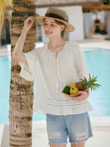 XIANGYING | Hollow-out Loose Flared Sleeve Vintage White Shirt