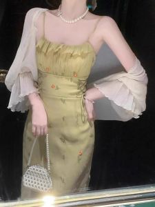 Summer Green Floral Print French Style Long Dress Womens Strapless Two-Piece Set High Waist A-Line Skirt Backless Commute