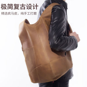 Handmade Vintage Mens Backpack Top Layer Cowhide Casual Travel Bag Double Shoulder Strap Zipper Closure Large Size