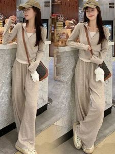 Oatmeal Casual Sportswear Set Womens Loose Slimming V-neck Sweatshirt Wide Leg Pants Two-piece Set Autumn New Style