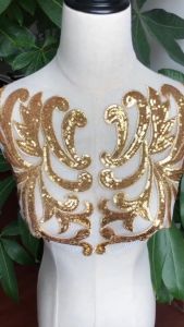 2Pcs Golden/Silver Flower Lace Fabric Trim DIY Sequin Embroidery Lace Applique for Wedding Dress