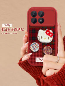 Plush Kitty Cat Phone Case for Redmi K80 New Retro Red Grid K60 Anti-Fall Soft Shell Autumn Winter with Lanyard 40S Hand Paste Korean Female 30/20