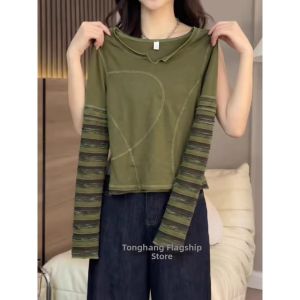 GEBOFU | Unique Design Striped Sleeve Patchwork Long Sleeve T-Shirt