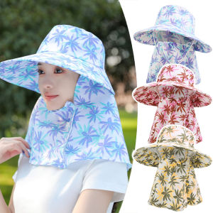หมวกกันแดดฤดูร้อนสำหรับผู้หญิงฤดูใบไม้ผลิหมวกเก็บชากันแสงแดดลายทางป้องกันคอผ้าคลุมหน้าป้องกันลูกไม้ขึ้นป้องกันแสงยูวี