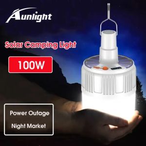 Aunlight 100W Solar Camping Light LED Night Market Light USB Rechargeable Tent Lamp Waterproof Lantern Emergency Lights For Outdoor BBQ Hiking Camping