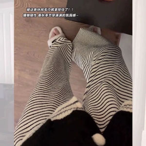 Quần Ống Rộng Lót Lông Cừu Dày Cho Bà Bầu Mùa Thu Đông Quần Dài Thường Ngày Thoải Mái Cạp Cao Họa Tiết Sọc