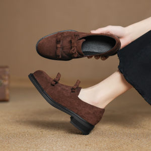 Large Size Womens Slip-On Loafers round Toe Bow Tie Fashionable Commute mid Heel Shoes Comfortable All-Match Deep Mouth Single Shoes