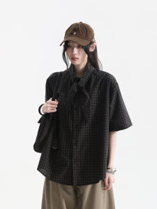zuocisankon | Design Tie Neck Check Short Sleeve Shirt