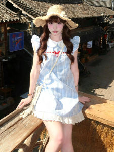 Blue Plaid Mini Dress with Puff Sleeves And Doll Collar for Women Summer New Style Sweet Japanese Style High Waist A-Line Skirt