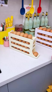 Egg Storage Tray 4-Tier – Automatic Rolling Organizer with Space-Saving Design Rotating Rack for Fridge Shelf
