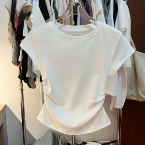 Girls Short Sleeve T-Shirt Summer Fashion Cartoon Puff Sleeve Pure Color Medium And Large Childrens Casual Fit Cotton Blend Top