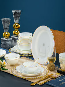 Modern White Porcelain Bowl Plate Set Home Use Ceramic Soup Bowl Dish Chopsticks Single Combination Elegant Gold Rimmed Chinese Style