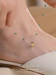 100% Original 18k Legally Pawned Saudi Gold Aesthetics paper clip Shell green bead beach shell anklet sa paa for women beach gift free South Sea white pearl earrings