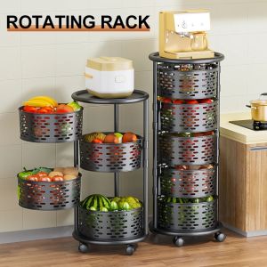 【Kitchen Tool】Kitchen Vegetable Shelving 360° Rotating 2/3/4/5 Layer Kitchen Storage Basket Drawer Type Round Shape Rotatable Trolley Rolling Cart Floor-Standing Vegetables Fruit Rack