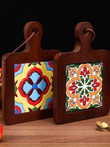 Heat Resistant Mat Vintage Real Wood Flower Brick Handle Pot Mat Wooden Anti-Scalding Plate Cup Mat Home Use Sand Pot Soup Pot Heat Insulation Wood Mat