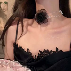 French Romantic Camellia Pearl Necklace for Women Elegant Black White Lace Flower Pearl Clavicle Chain Choker Necklace Jewelry Gifts