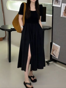 French Style Hepburn Light Luxury Temperament Slit Little Black Dress Womens plus Size Slightly Oversized Girls Slimming Slim Fit Square Collar Dress Summer