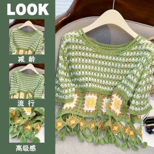 Dopamine Green Knitted Short Sleeve T-Shirt Women Summer plus Size Bohemian Hollow out Top Slimming Korean Style round Neck