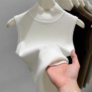 Áo Len Dệt Kim Không Tay Cổ Cao Nửa Cao Cho Nữ Áo Khoác Ngoài Mùa Xuân Thu Áo Sơ Mi Cơ Bản Bên Trong Áo Vest Công Sở Màu Trơn