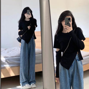 Elegant Hole Sleeve Womens T-shirt Pure Cotton Long Sleeve Design Sensation European Style Small Size Shoulder Fit Autumn Top