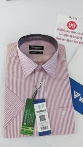 [Việt Tiến Sale] Sơ Mi Ngắn Tay - Regular (Suông) - Vạt Bầu - Kẻ sọc đỏ trên nền trắng