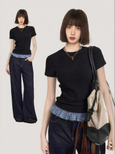 BAIDAIFEI | American Black Lace Camisole Look Short Sleeve T-Shirt
