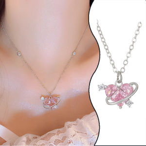 Pink Diamond Love Necklace Female Design Sweet Pink Girl Heart Planet Clavicle Chain Accessories