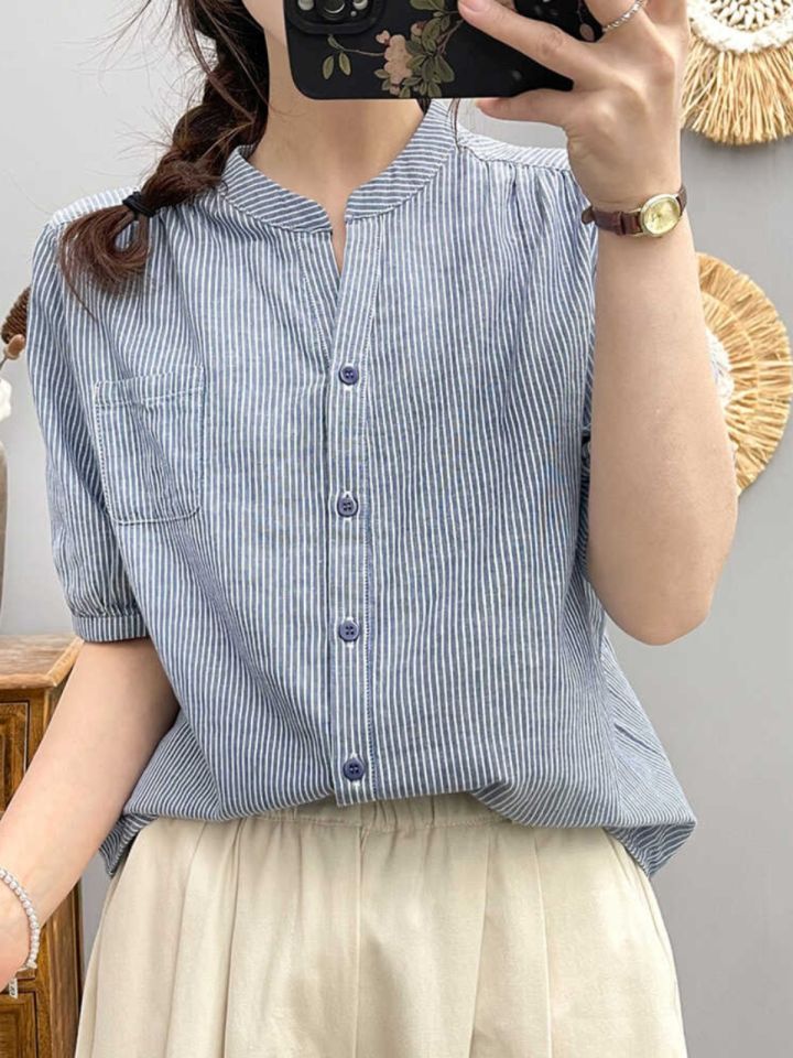 Pure Cotton V-Neck Striped Short Sleeve Womens Shirt Loose Fit Summer New Style Sun Protection Five-Quarter Sleeve Blouse