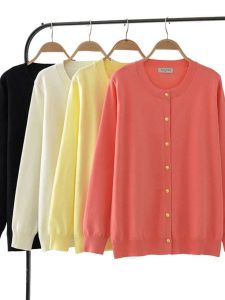 Slimming Knitted Open Cardigan Thin Long Sleeve round Neck Womens Outerwear Autumn New Style Solid Color Metal Button Korean Version