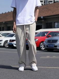 SINRANSINYA กางเกงสแล็คชาย-กางเกงผ้าลินินวินเทจ สำหรับผู้ชาย ญี่ปุ่น แฟชั่นเด็ก แนวกางเกงหลวม ทรงตรง หลวมยาว