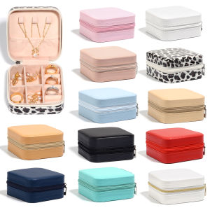 1pc Square PU Leather Zipper Jewelry Box Fit Home Travel Portable Pouches For Earring Ring Necklace Bracelet Storage Box