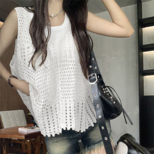 เสื้อคลุมแขนกุดถักสไตล์โบฮีเมียนสำหรับผู้หญิงในฤดูร้อน เสื้อคลุมแบบไม่มีแขน ลายลูกไม้ ทรงหลวม แขนกุด เสื้อคลุมแบบลำลอง