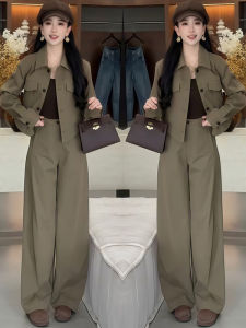 Fashionable Khaki Wide Leg Pants Set Womens Autumn 2025 New Style Minimalist Elegant Two-Piece Suit Casual Comfortable