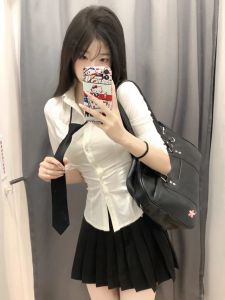 Slim Fit Long Sleeve Shirt Womens Pure Desire Waist-Cinching School Style Summer New White Blouse Korean Version Commute Style