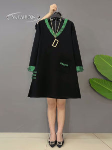 Slimming Effect Chinese Style Color Block Loose plus Size Womens Dress Covering Flattering A-Line Midi Dress for Spring Autumn