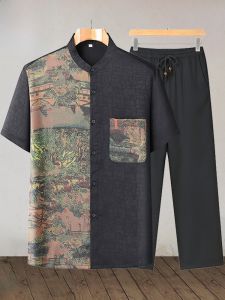Mens Short Sleeve Silk Shirt Set Middle Aged And Elderly Summer Collection Grandpa Style Tang Suit Xiangyun Silk Print Casual Wear