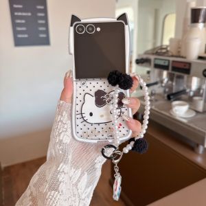 Sanrio | Ốp Điện Thoại Hình Tai Mèo Hoạt Hình Dễ Thương Có Dây Buộc Lông Ngọc Trai Cho Samsung Galaxy Z Flip 3/4/5/6/7 - Thiết Kế Chấm Bi Hello Kitty Chống Sốc Chống Trầy Xước Chống Bụi