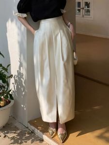 Elegant French Style High Waist Wide Waistband Pleated Loose Womens Midi Skirt Summer 2024 Fashion Trend A-Line Long Skirt