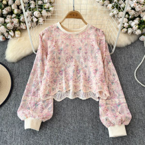 French Vintage round Neck Lace Splicing Long Sleeve Sweatshirt Womens Design Short Top Korean Style Loose Fit Embroidered Lantern Sleeve